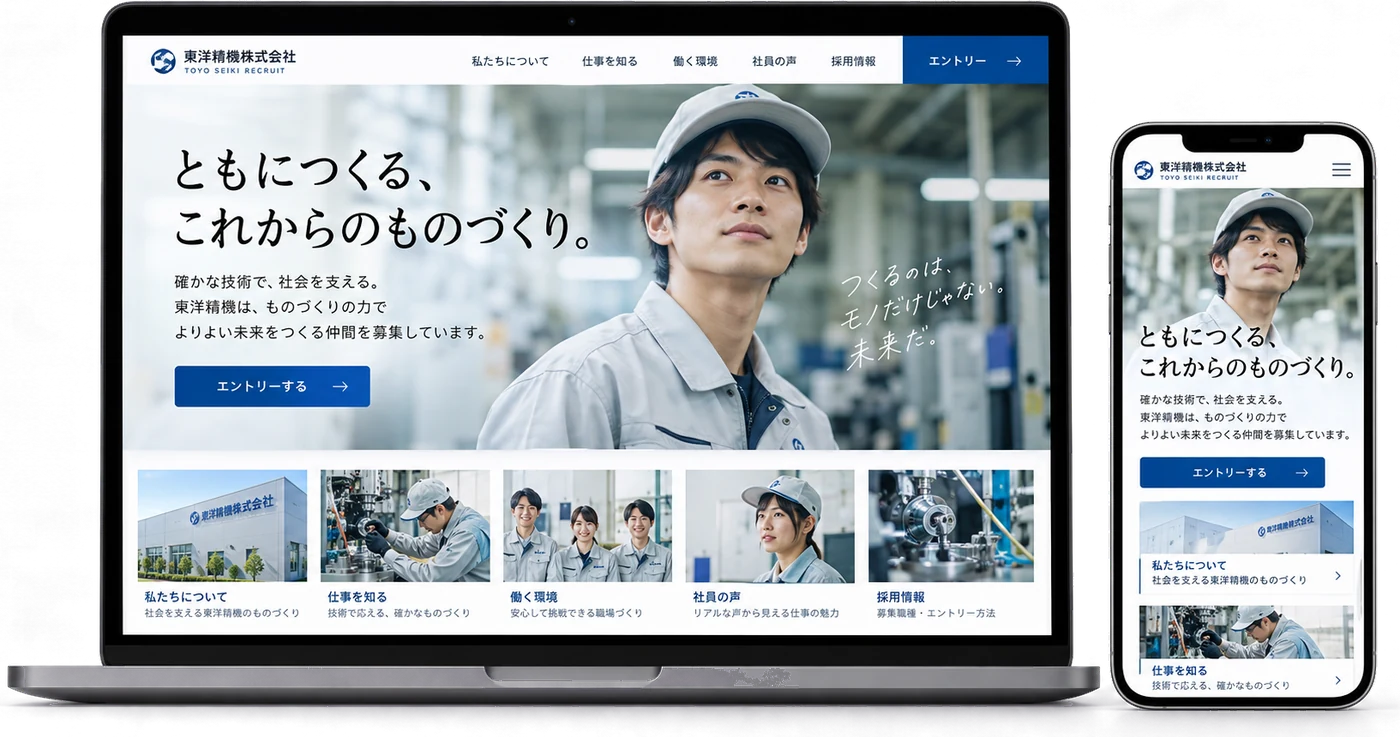 PCとスマートフォンに表示した、製造業の採用サイトのイメージ