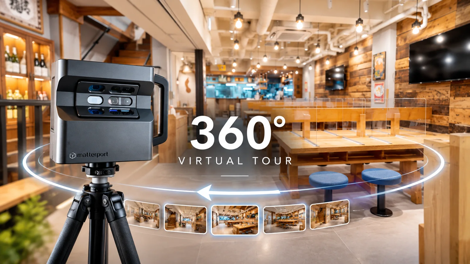 Matterport Pro2カメラと、店内の360°バーチャルツアーのイメージ